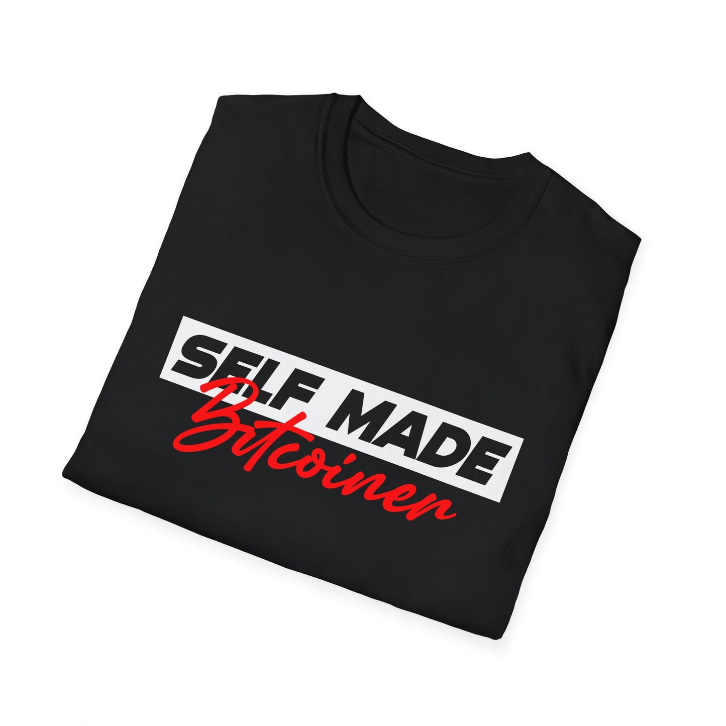 Self Made Bitcoiner Black T-Shirt and HODL on back (Uni-sex Softstyle T-Shirt)