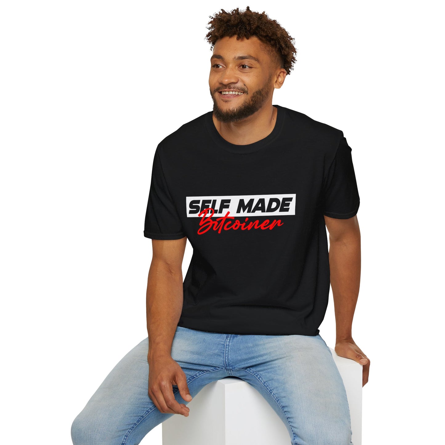 Self Made Bitcoiner Black T-Shirt and HODL on back (Uni-sex Softstyle T-Shirt)