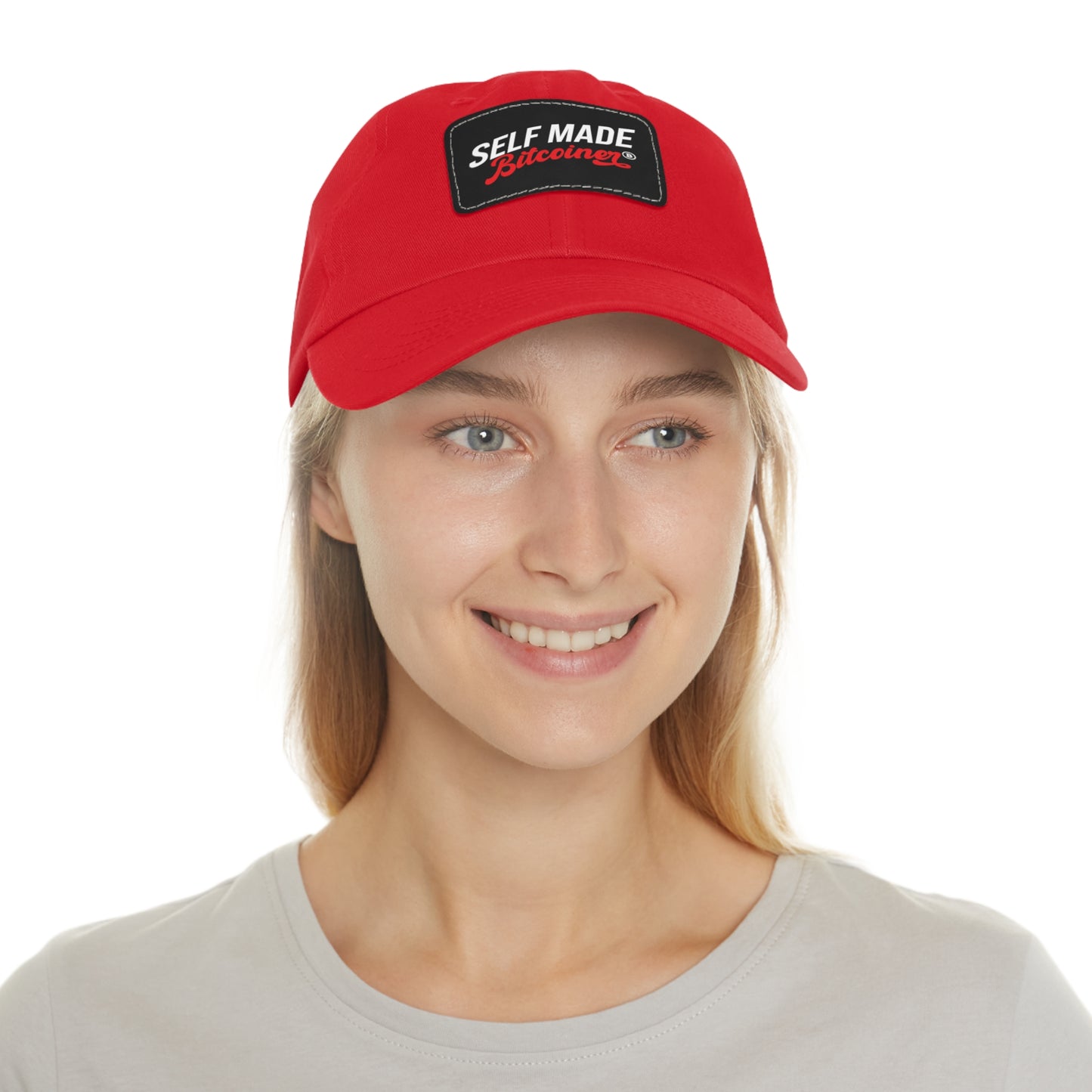 Self Made Bitcoiner Red Hat with Leather Patch (Crypto Currency, Bitcoin, Hat)