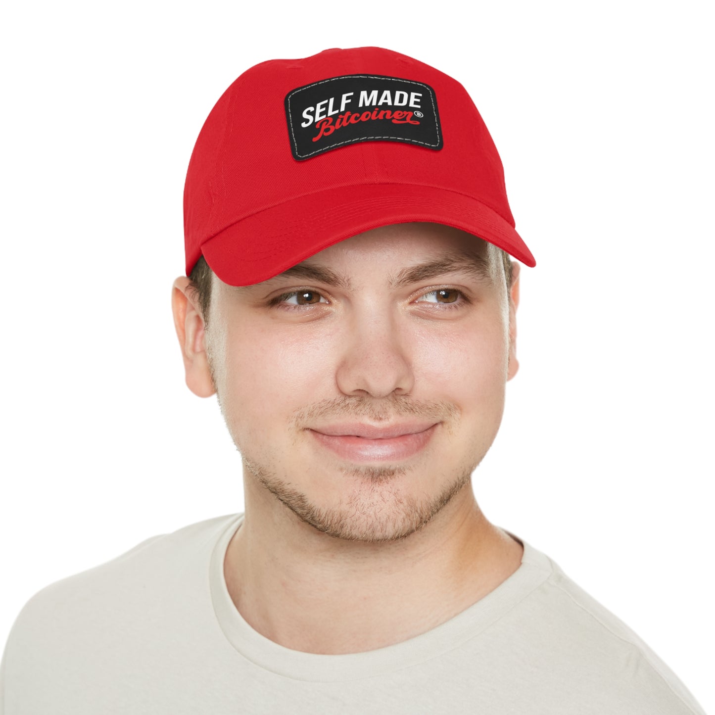 Self Made Bitcoiner Red Hat with Leather Patch (Crypto Currency, Bitcoin, Hat)