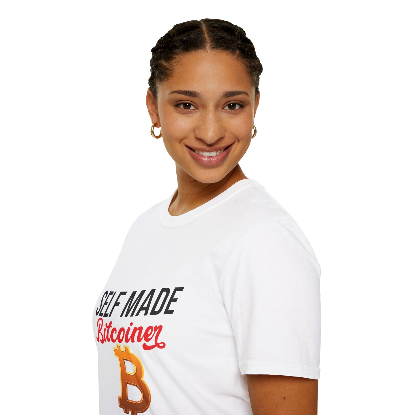 SELF MADE Bitcoiner White T-Shirt w Bitcoin Logo & HODL with Diamonds on back (Crypto Currency, Bitcoin, T-Shirt)