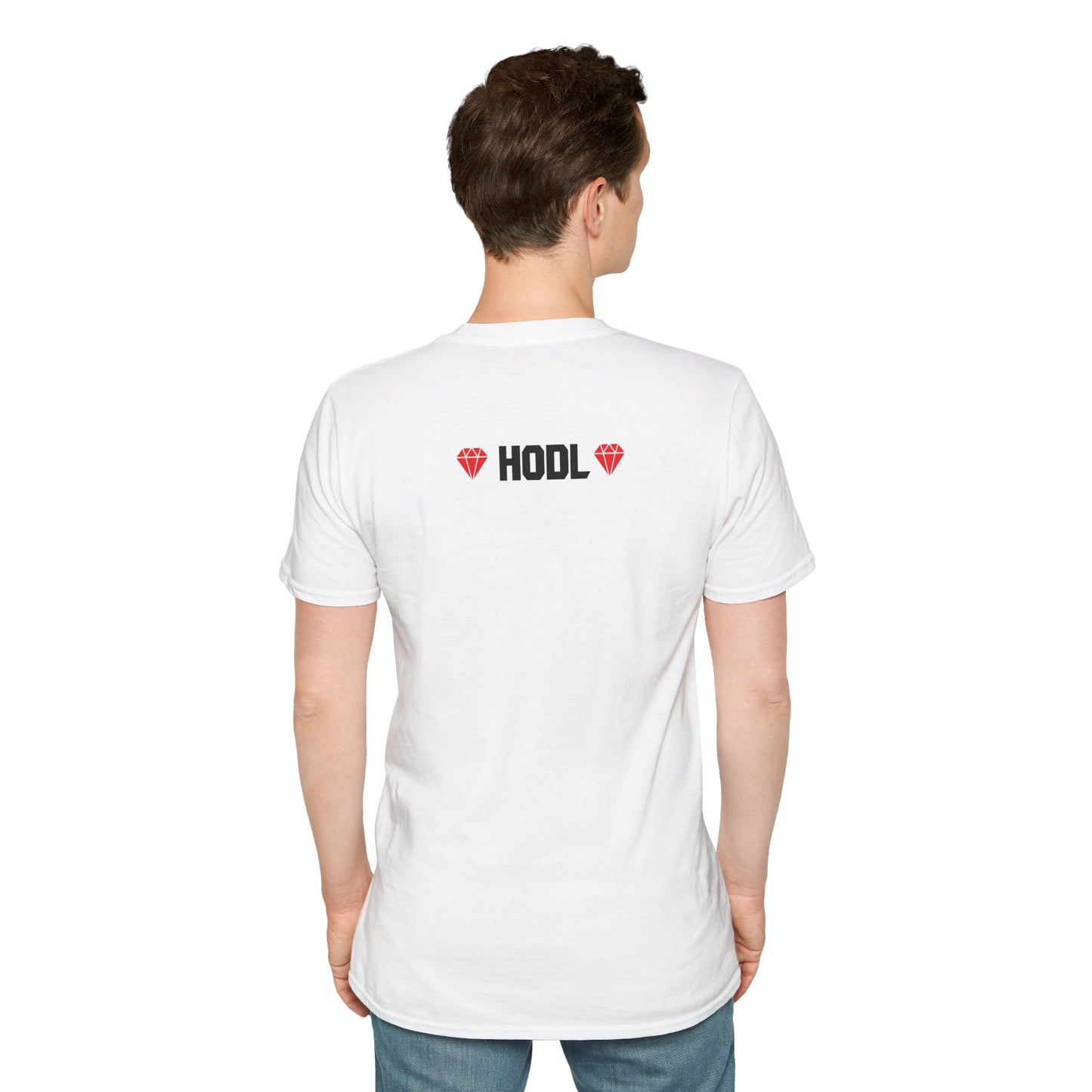 SELF MADE Bitcoiner White T-Shirt w Bitcoin Logo & HODL with Diamonds on back (Crypto Currency, Bitcoin, T-Shirt)