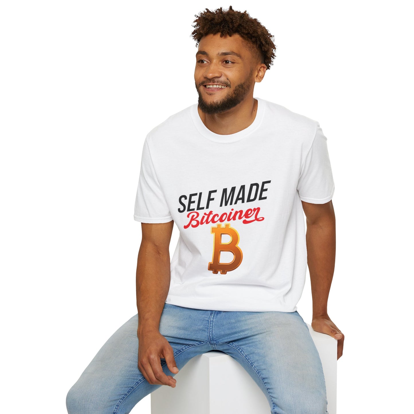 SELF MADE Bitcoiner White T-Shirt w Bitcoin Logo & HODL with Diamonds on back (Crypto Currency, Bitcoin, T-Shirt)