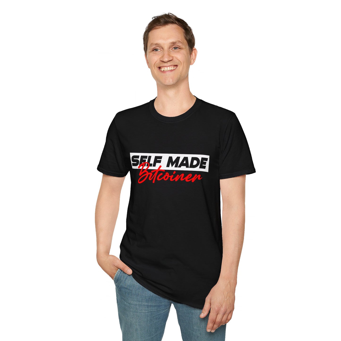 Self Made Bitcoiner Black T-Shirt and HODL on back (Uni-sex Softstyle T-Shirt)