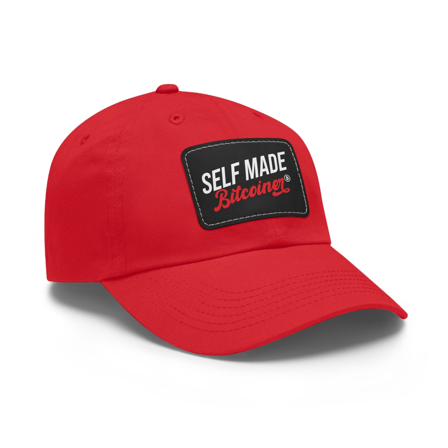 Self Made Bitcoiner Red Hat with Leather Patch (Crypto Currency, Bitcoin, Hat)