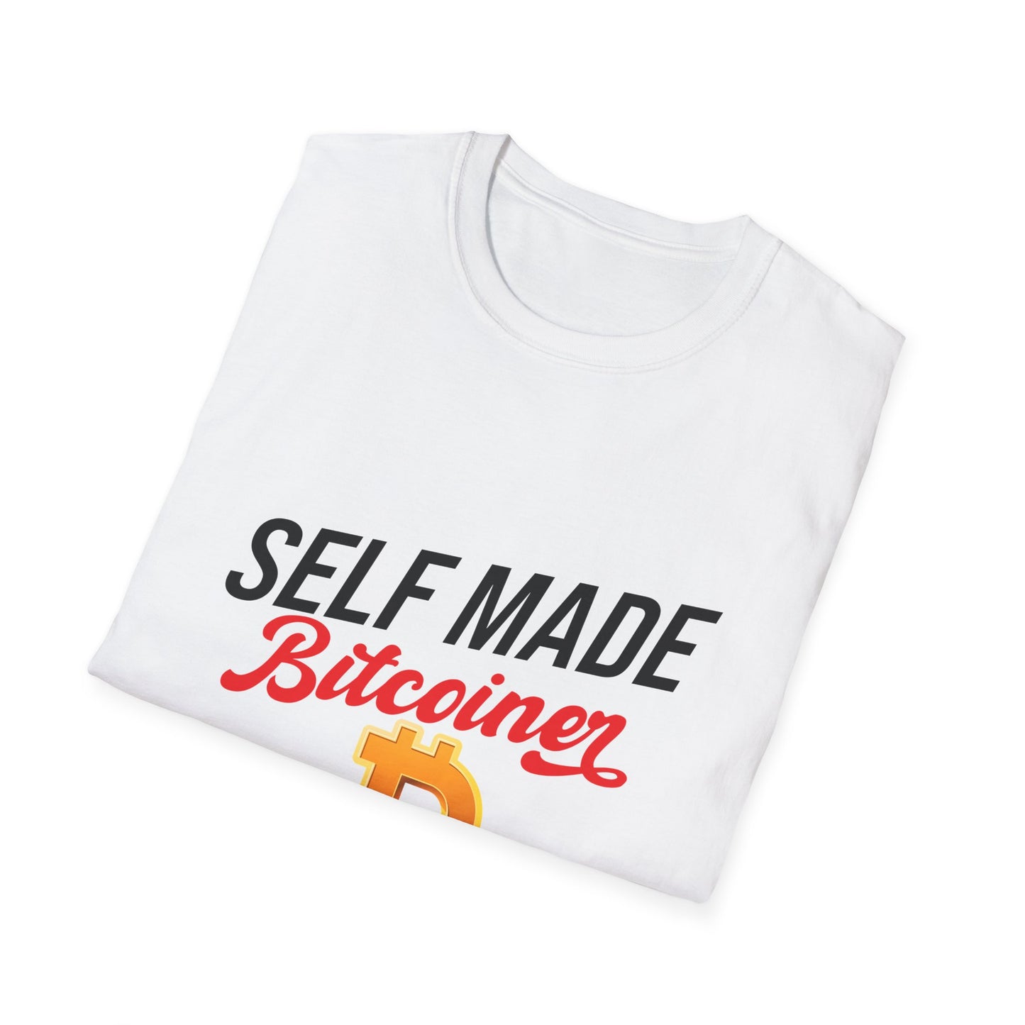 SELF MADE Bitcoiner White T-Shirt w Bitcoin Logo & HODL with Diamonds on back (Crypto Currency, Bitcoin, T-Shirt)