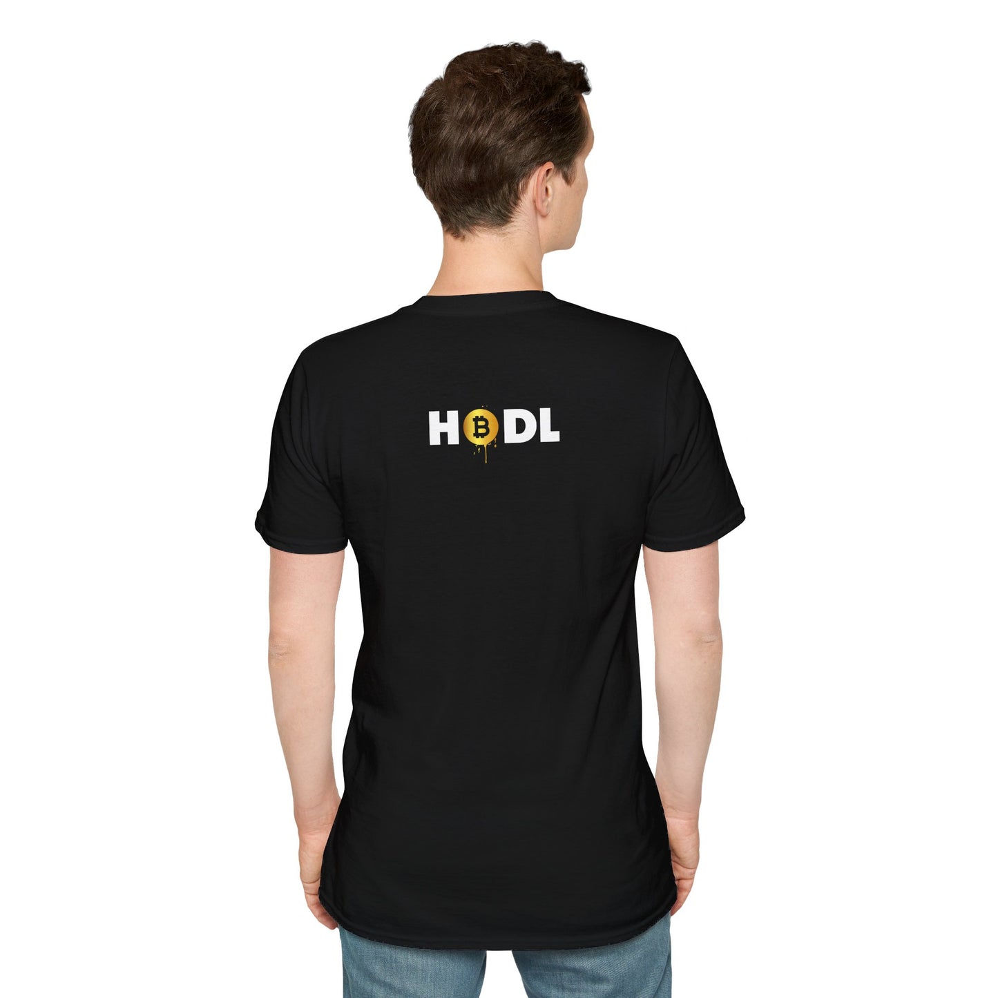 Self Made Bitcoiner Black T-Shirt and HODL on back (Uni-sex Softstyle T-Shirt)
