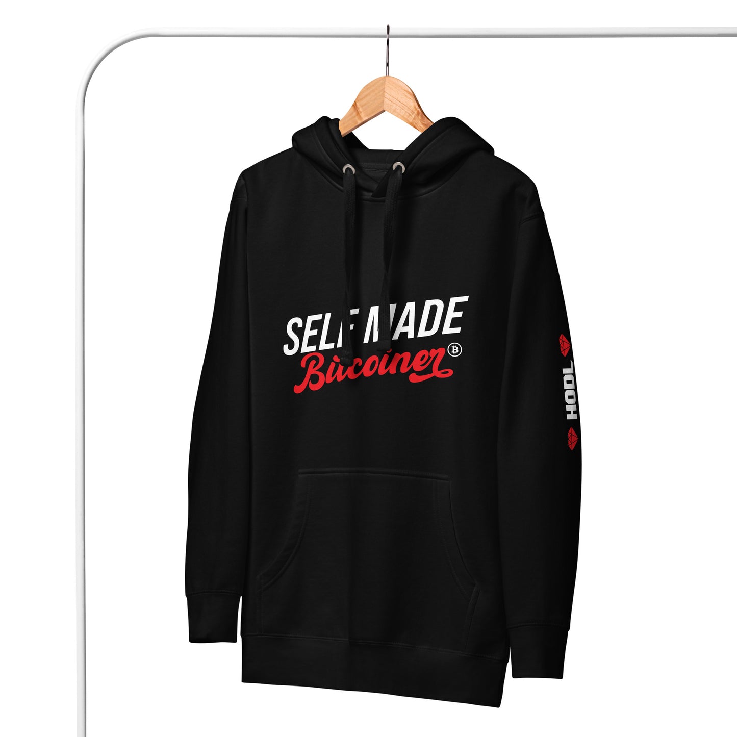 Self Made Bitcoiner Black Hoodie Sweatshirt w/ HODL with Diamonds on sleeve (Crypto Currency, Bitcoin, Hoodie, Fathers Day))