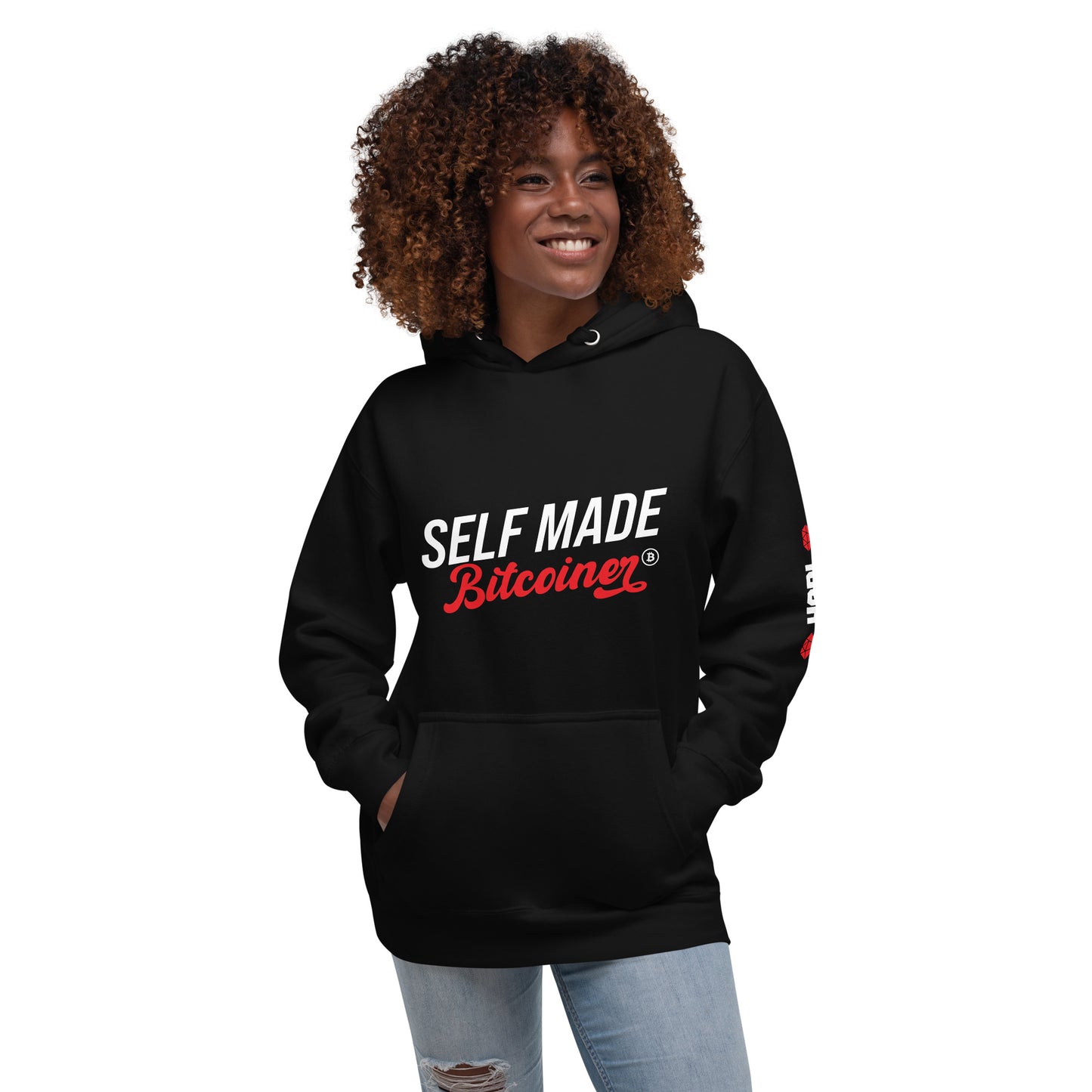 Self Made Bitcoiner Black Hoodie Sweatshirt w/ HODL with Diamonds on sleeve (Crypto Currency, Bitcoin, Hoodie, Fathers Day))