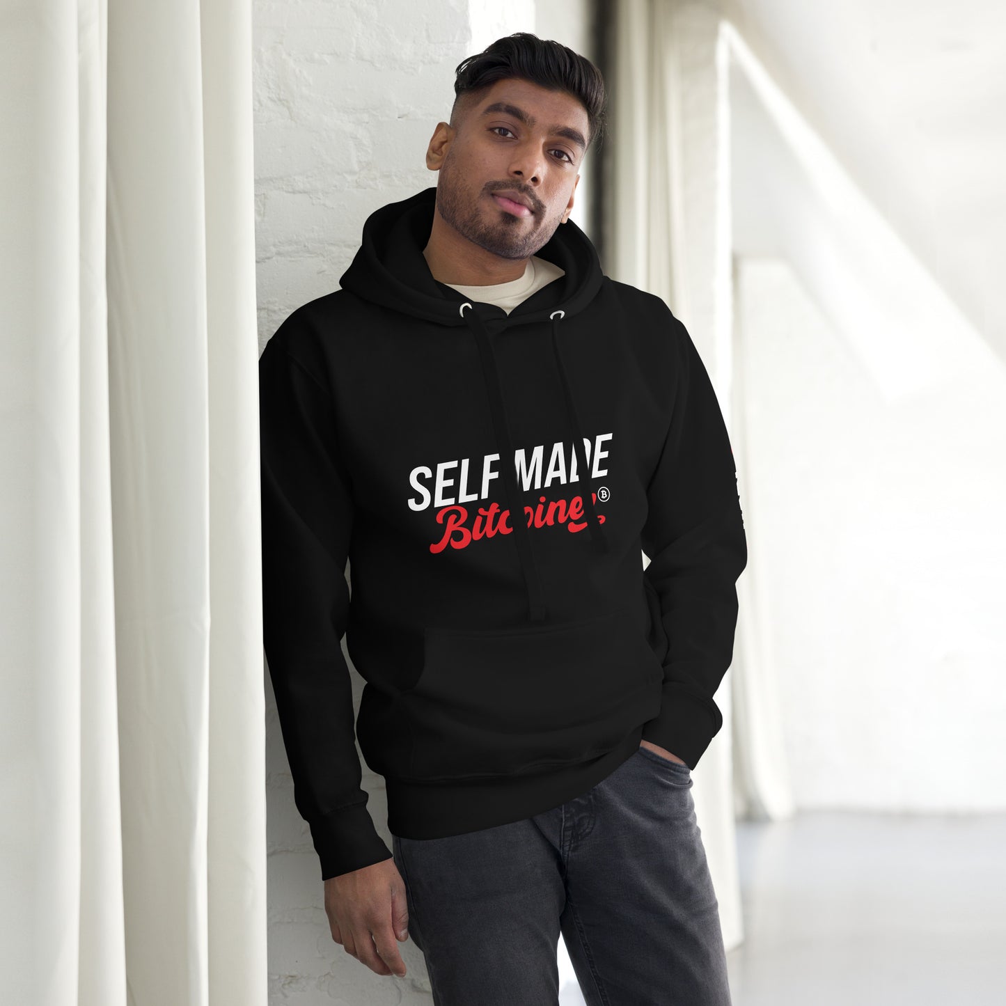 Self Made Bitcoiner Black Hoodie Sweatshirt w/ HODL with Diamonds on sleeve (Crypto Currency, Bitcoin, Hoodie, Fathers Day))