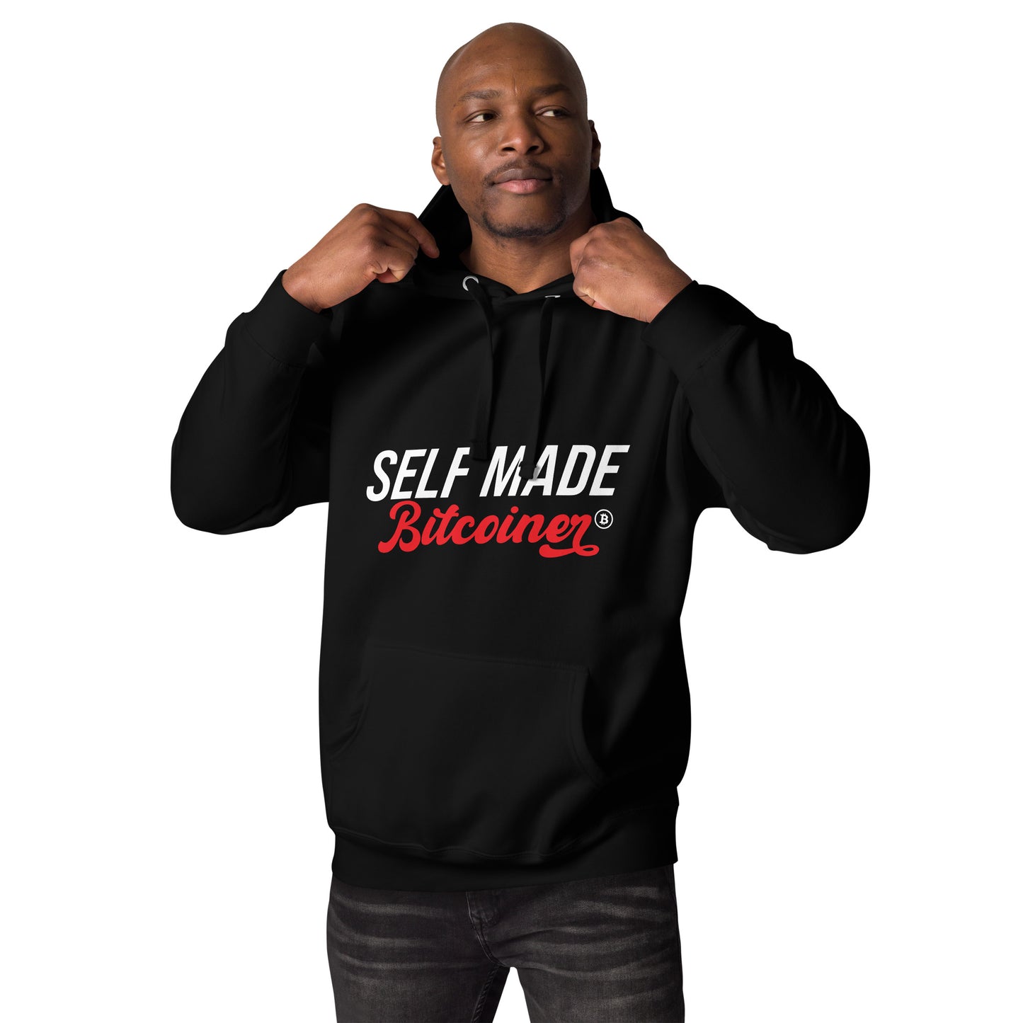 Self Made Bitcoiner Black Hoodie Sweatshirt w/ HODL with Diamonds on sleeve (Crypto Currency, Bitcoin, Hoodie, Fathers Day))