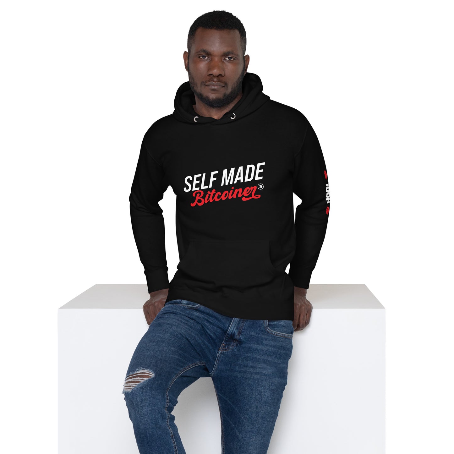 Self Made Bitcoiner Black Hoodie Sweatshirt w/ HODL with Diamonds on sleeve (Crypto Currency, Bitcoin, Hoodie, Fathers Day))