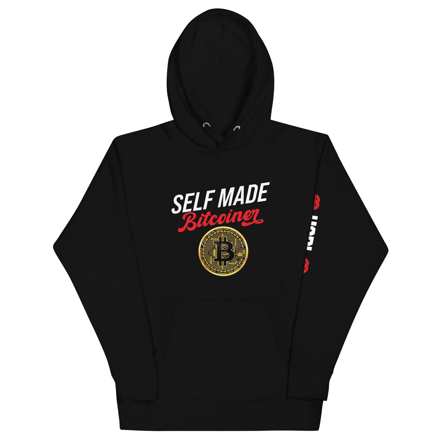 SELF MADE Bitcoiner Black Hoodie Sweatshirt w Bitcoin Logo & HODL with Diamonds on lf. sleeve (Crypto Currency, Bitcoin, Hoodie),