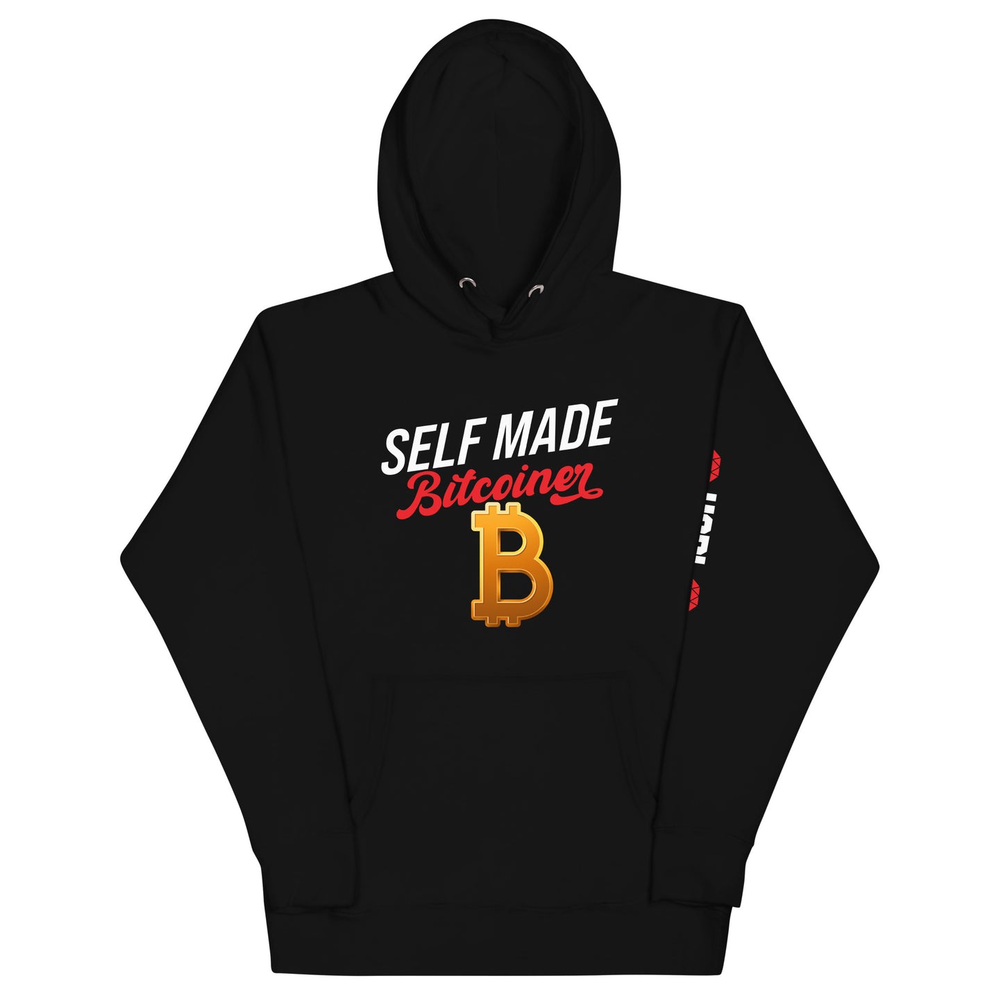 SELF MADE Bitcoiner Black Hoodie Sweatshirt w Bitcoin Logo & HODL with Diamonds on lf. sleeve (Crypto Currency, Bitcoin, Hoodie, Fathers Day)