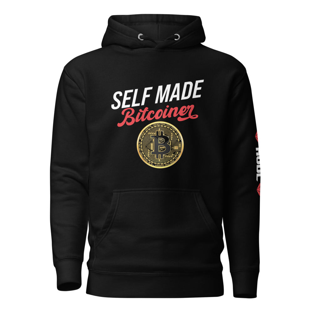 SELF MADE Bitcoiner Black Hoodie Sweatshirt w Bitcoin Logo & HODL with Diamonds on lf. sleeve (Crypto Currency, Bitcoin, Hoodie),