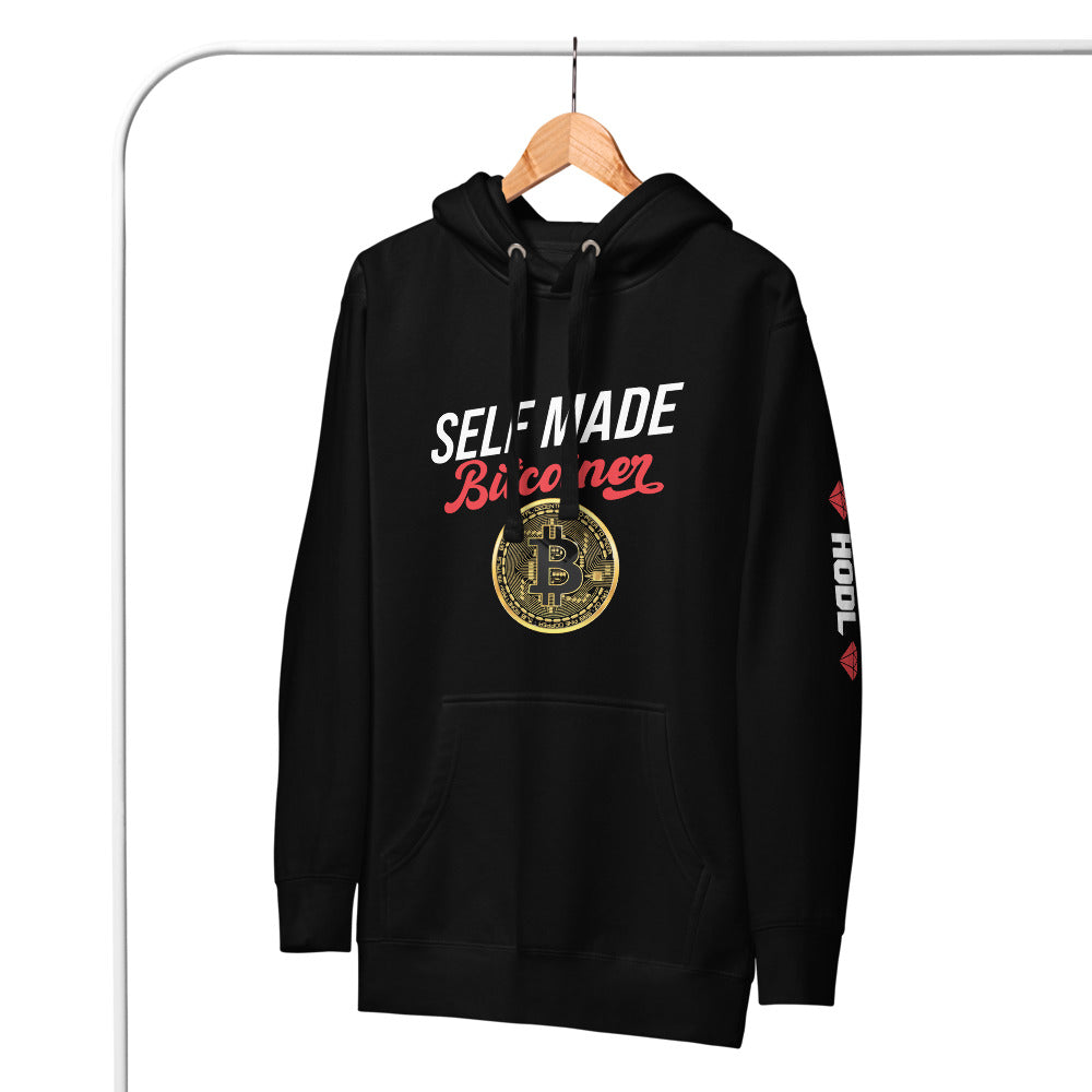 SELF MADE Bitcoiner Black Hoodie Sweatshirt w Bitcoin Logo & HODL with Diamonds on lf. sleeve (Crypto Currency, Bitcoin, Hoodie),