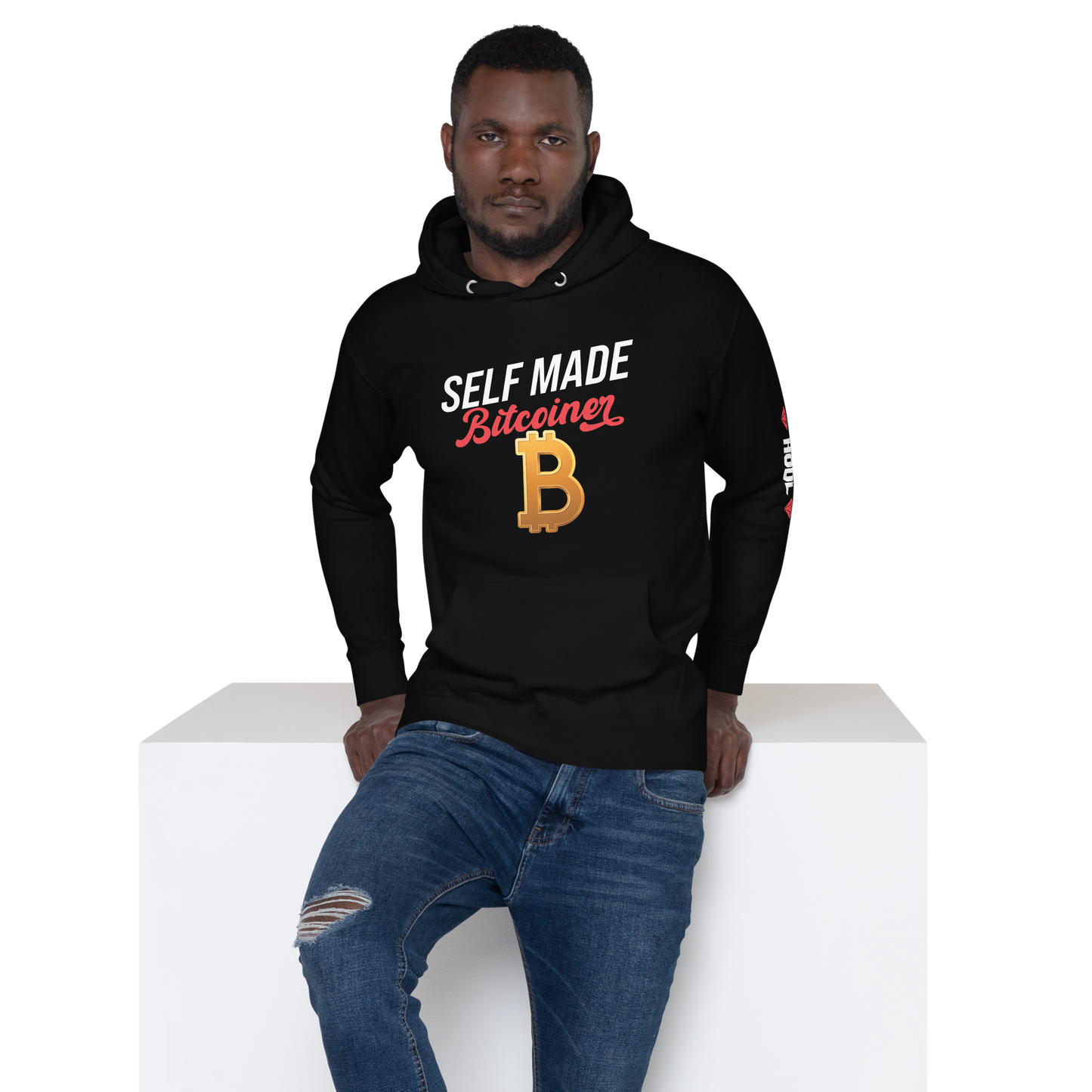 SELF MADE Bitcoiner Black Hoodie Sweatshirt w Bitcoin Logo & HODL with Diamonds on lf. sleeve (Crypto Currency, Bitcoin, Hoodie, Fathers Day)