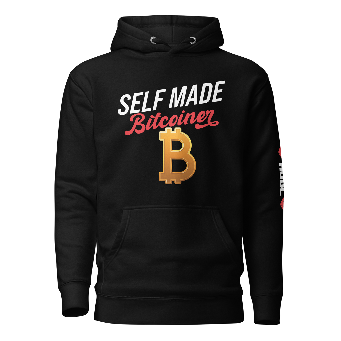 SELF MADE Bitcoiner Black Hoodie Sweatshirt w Bitcoin Logo & HODL with Diamonds on lf. sleeve (Crypto Currency, Bitcoin, Hoodie, Fathers Day)