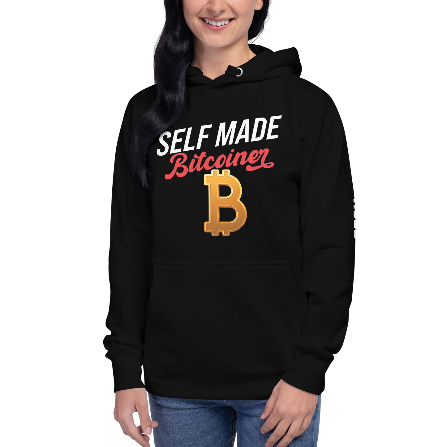 SELF MADE Bitcoiner Black Hoodie Sweatshirt w Bitcoin Logo & HODL with Diamonds on lf. sleeve (Crypto Currency, Bitcoin, Hoodie, Fathers Day)
