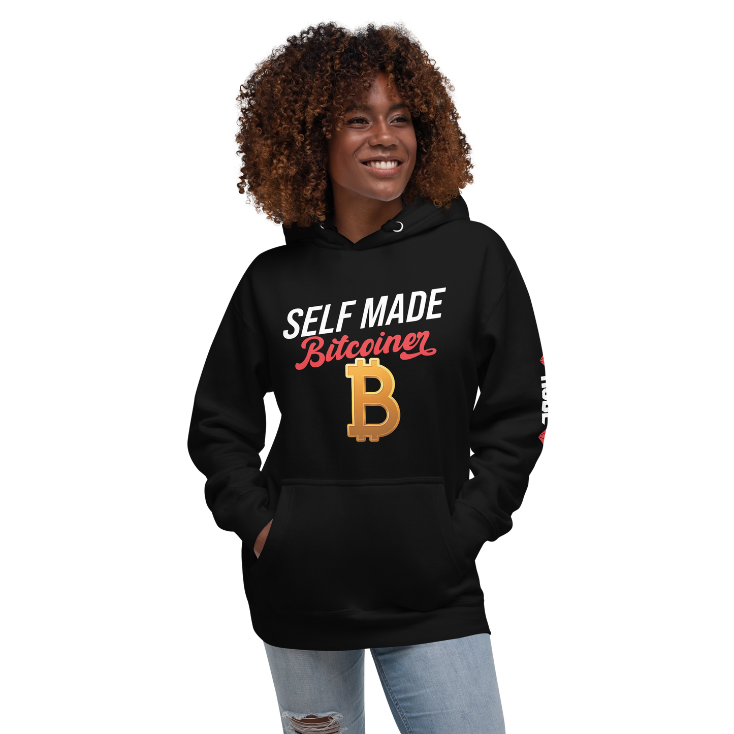 SELF MADE Bitcoiner Black Hoodie Sweatshirt w Bitcoin Logo & HODL with Diamonds on lf. sleeve (Crypto Currency, Bitcoin, Hoodie, Fathers Day)