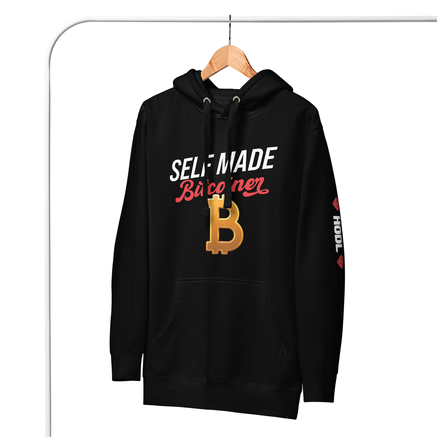 SELF MADE Bitcoiner Black Hoodie Sweatshirt w Bitcoin Logo & HODL with Diamonds on lf. sleeve (Crypto Currency, Bitcoin, Hoodie, Fathers Day)