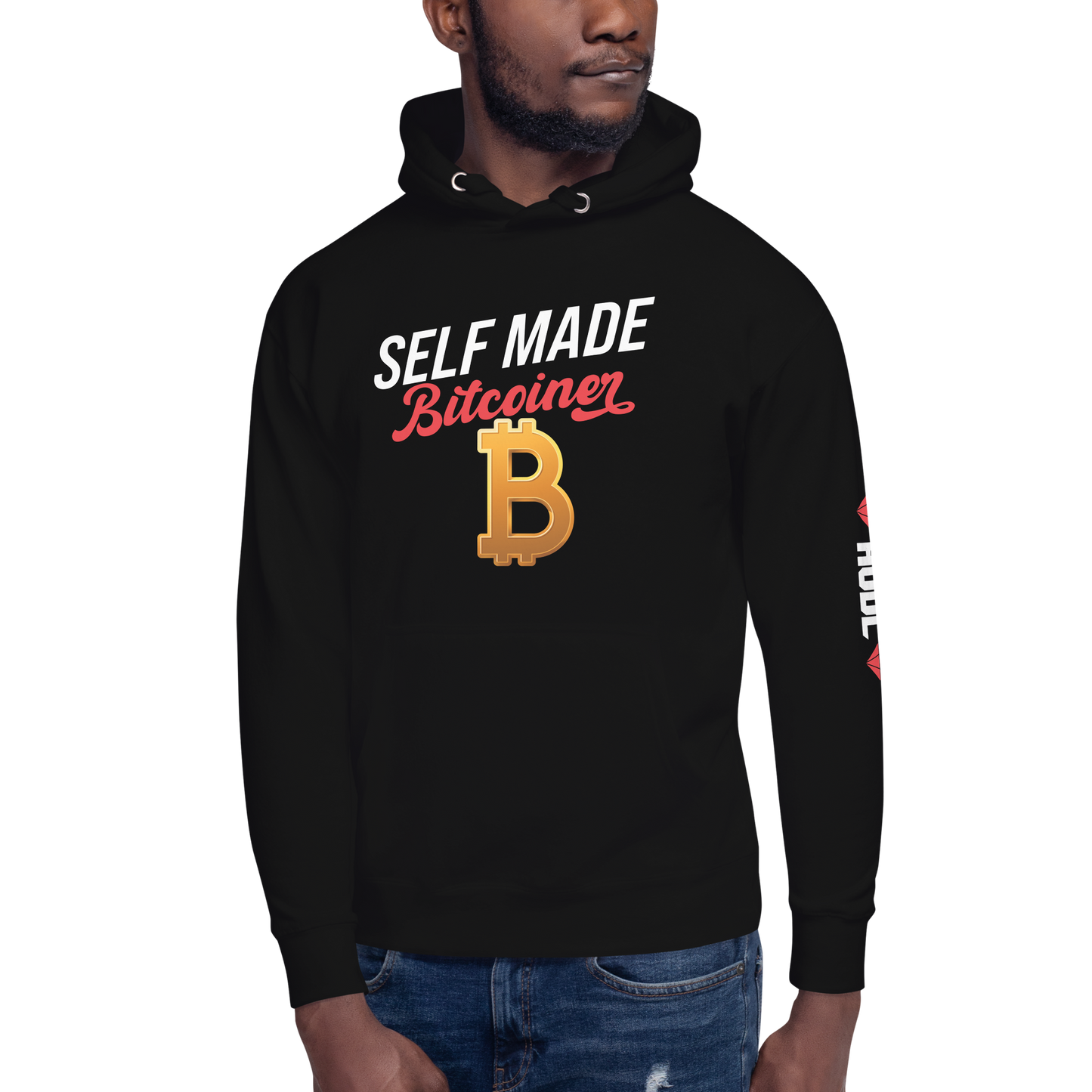 SELF MADE Bitcoiner Black Hoodie Sweatshirt w Bitcoin Logo & HODL with Diamonds on lf. sleeve (Crypto Currency, Bitcoin, Hoodie, Fathers Day)