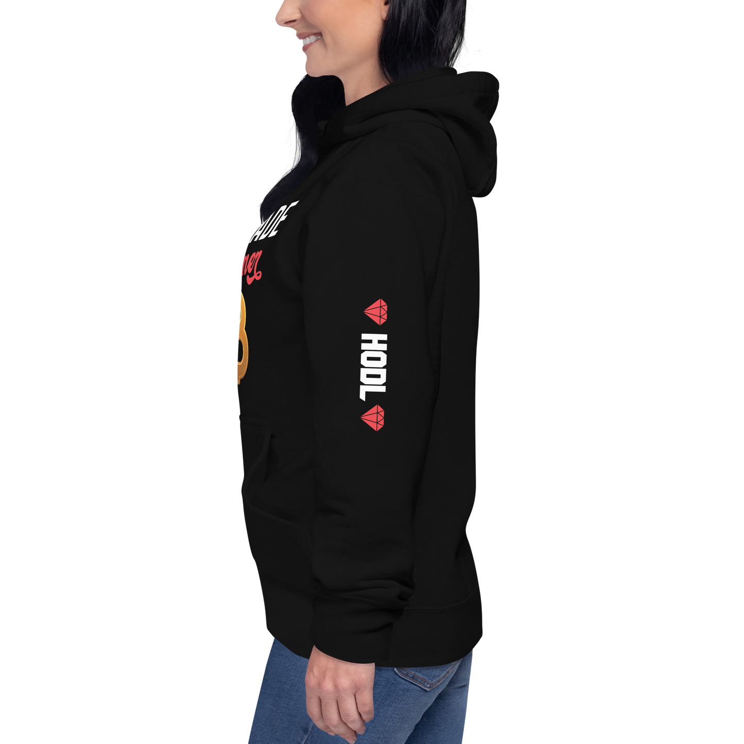 SELF MADE Bitcoiner Black Hoodie Sweatshirt w Bitcoin Logo & HODL with Diamonds on lf. sleeve (Crypto Currency, Bitcoin, Hoodie, Fathers Day)