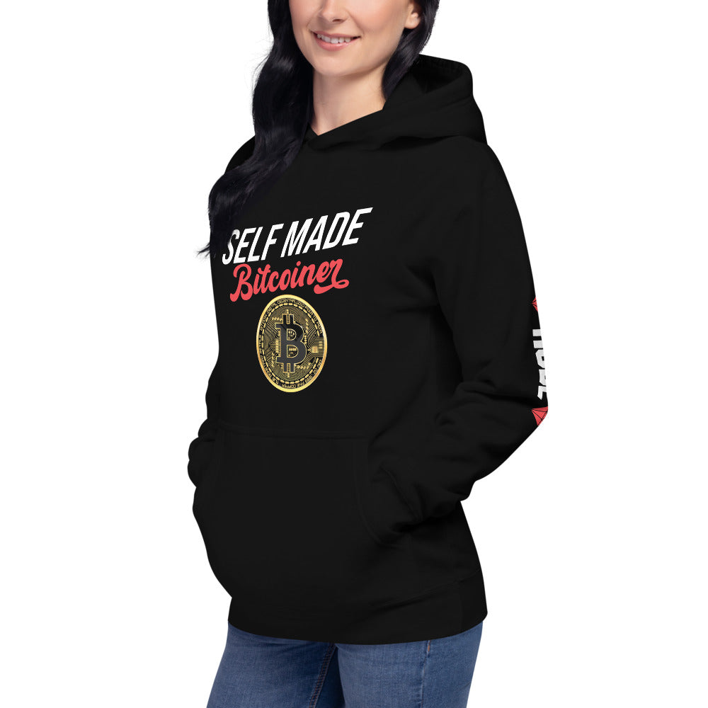 SELF MADE Bitcoiner Black Hoodie Sweatshirt w Bitcoin Logo & HODL with Diamonds on lf. sleeve (Crypto Currency, Bitcoin, Hoodie),