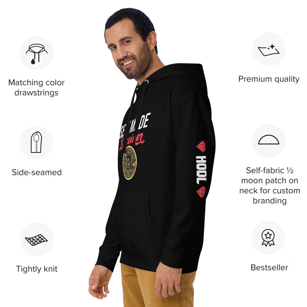SELF MADE Bitcoiner Black Hoodie Sweatshirt w Bitcoin Logo & HODL with Diamonds on lf. sleeve (Crypto Currency, Bitcoin, Hoodie),