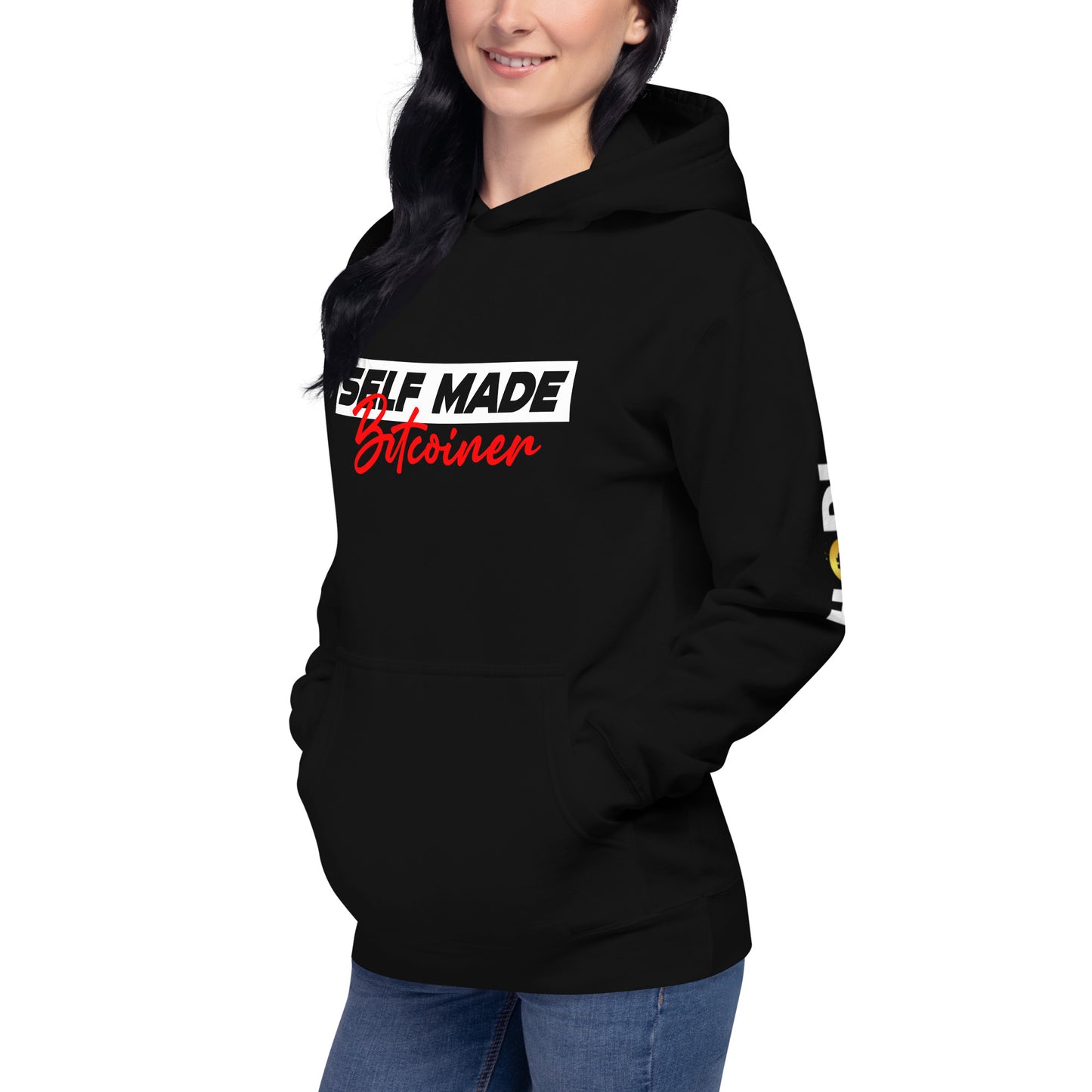Self Made Bitcoiner Black hoodie with HODL on left sleeve (Unisex Hoodie)
