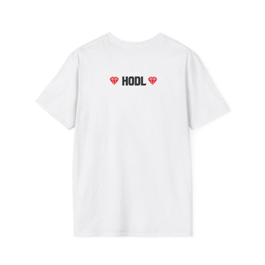 SELF MADE Bitcoiner White T-Shirt w Bitcoin Logo & HODL with Diamonds on back (Crypto Currency, Bitcoin, T-Shirt)