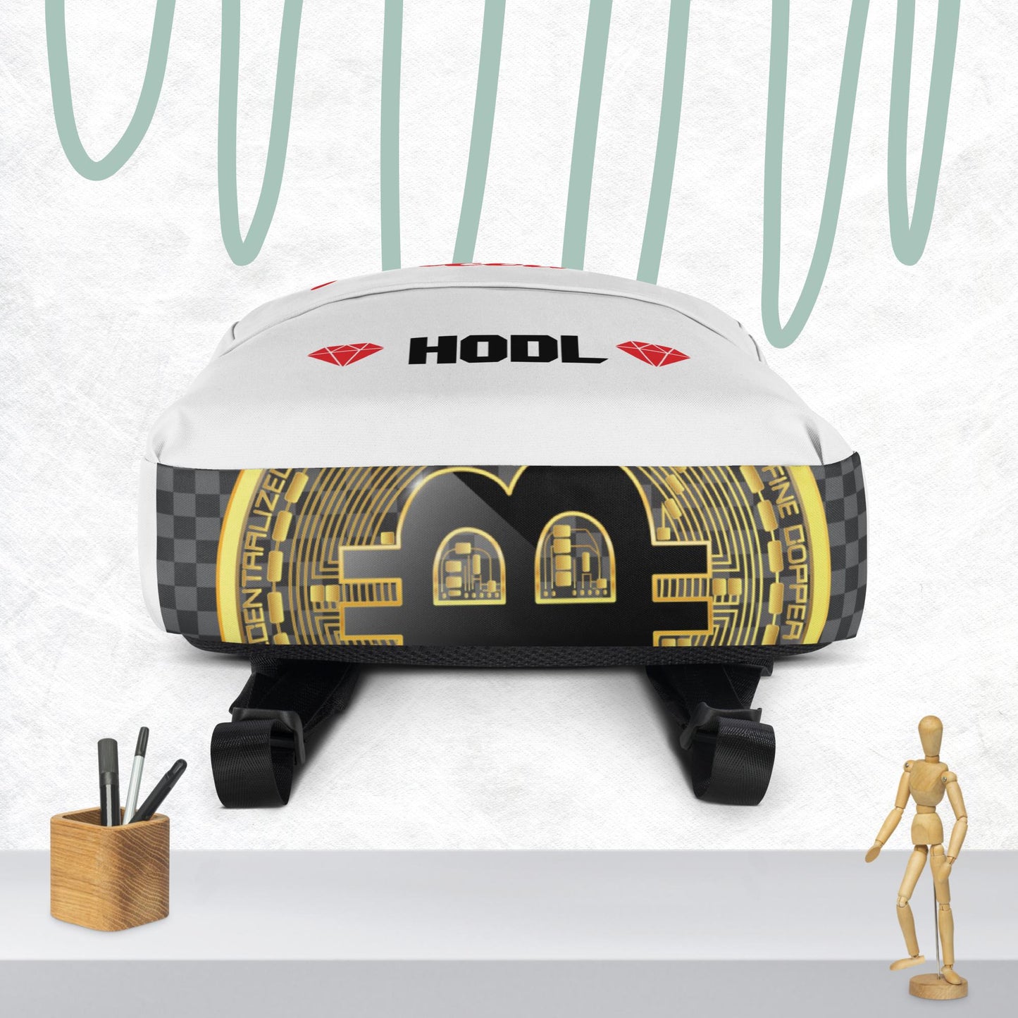 White Self Made Bitcoiner Backpack with HODL on the outside zipper area and bitcoin logos inside pocket & Bottom of backpack