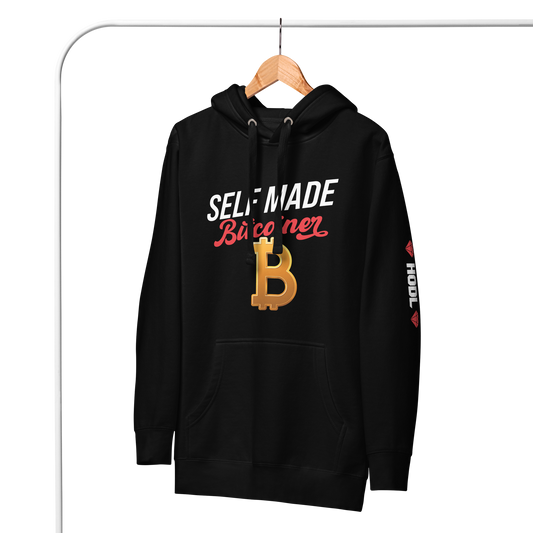 SELF MADE Bitcoiner Black Hoodie Sweatshirt w Bitcoin Logo &  HODL with Diamonds on lf. sleeve (Crypto Currency, Bitcoin, Hoodie, Fathers Day)